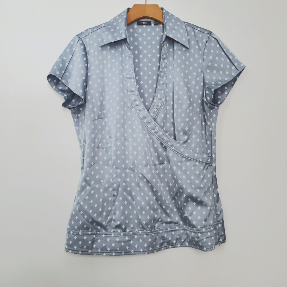 Mexx Light Blue and White Satin Faux Wrap Work Blouse size 10